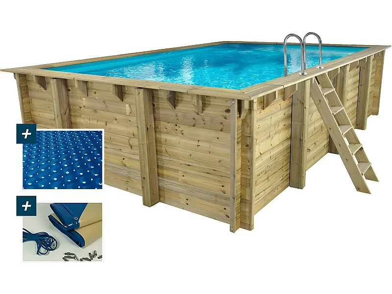 Piscine bois rectangle " Panama "- 6.20 x 4.10 x 1.45 m + Bâche à bulles 180 µ - Bâche hiver 280 g/m² +