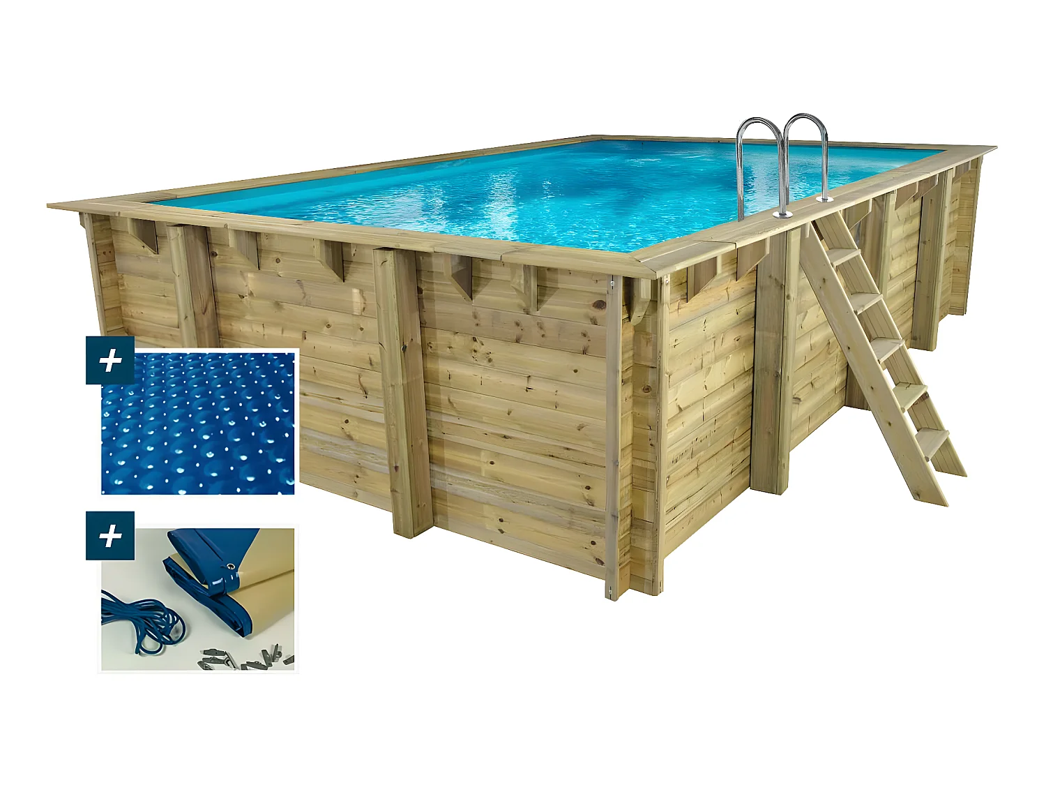 Piscina de madera rectangular"Panamá" - 6,20 x 4,10 x 1,45 m + cubierta de burbujas de 180 µ - cubierta de invierno de 280 g/m²