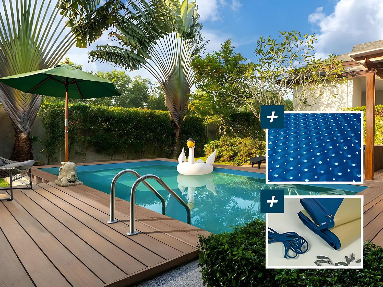 Piscina rettangolare in legno "Panama" - 6,20 x 4,10 x 1,45 m + Copertura a bolle 180 µ - Copertura invernale 280 g/m² +