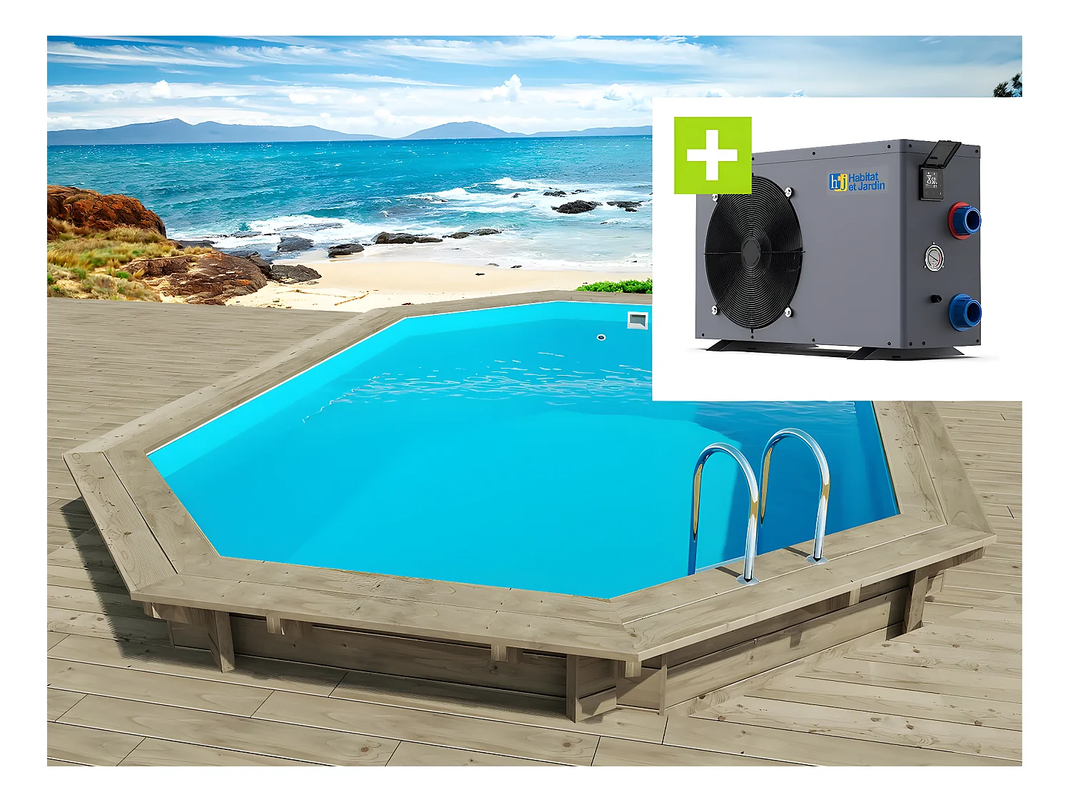 Piscine bois " Florida 130 " - 6.57 x 4.57 x 1.31 m + Pompe à chaleur - Puissance 6.1 kW