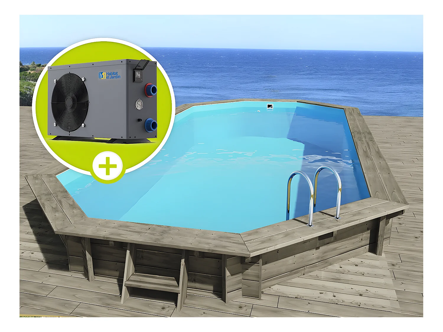 Piscine bois " Sevilla 145 " - 8.57 x 4.57 x 1.45 m + Pompe à chaleur - Puissance 6.1 kW