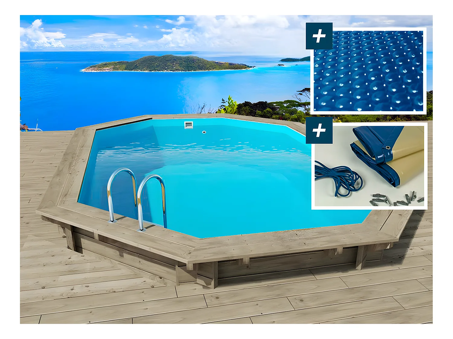 Piscina de madera "Miami" - 4,86 x 3,36 x 1,20 m + cubierta de burbujas de 180 µ + cubierta de invierno de 280 gr/m²