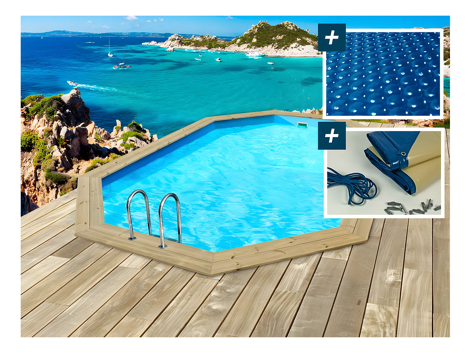 Piscine bois " Baléares " - 6.50 x 4.40 x 1.31 m -  Bâche à bulles 180 µ + Bâche hiver 280 g/m²