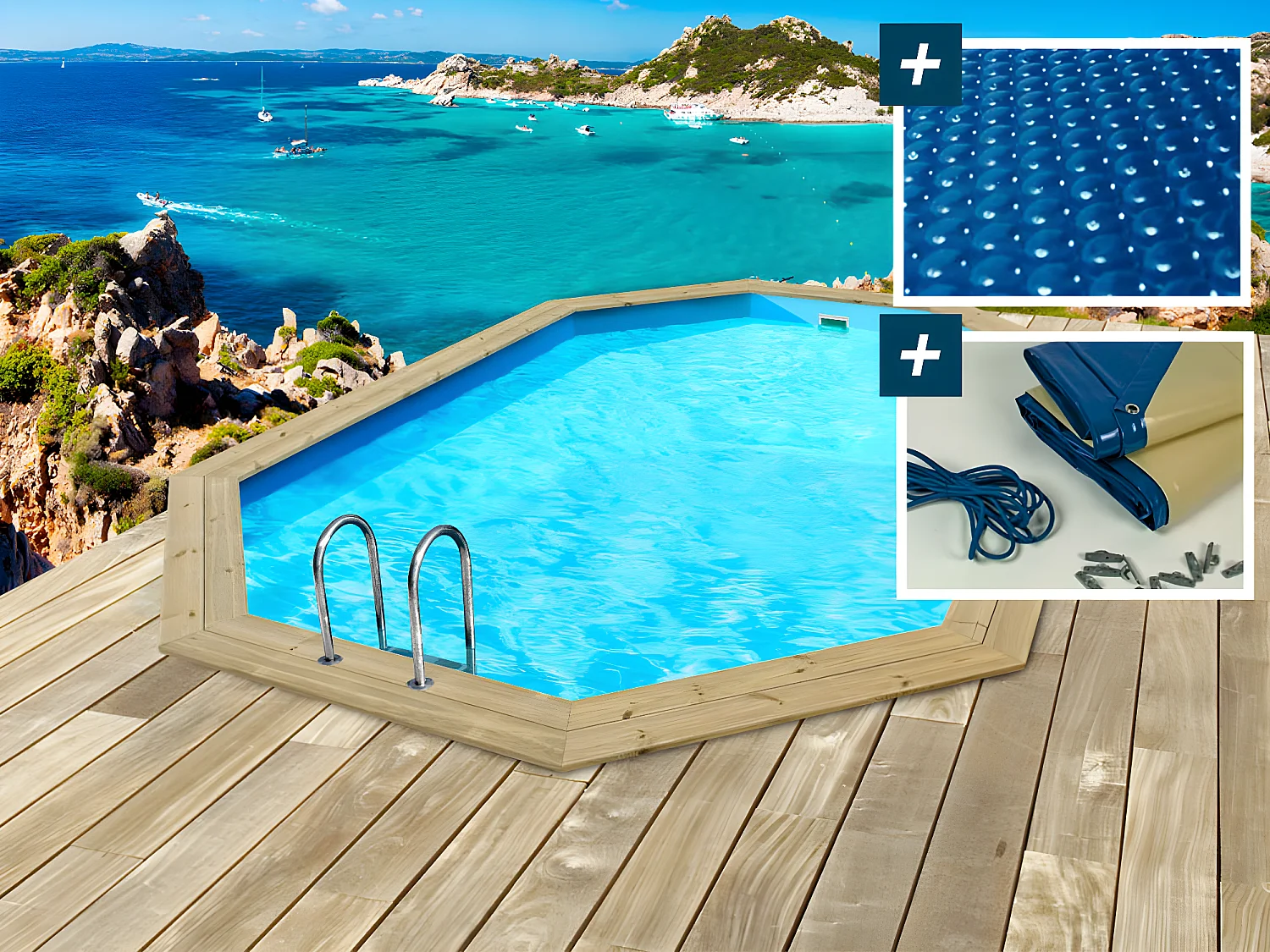 Piscine bois " Baléares " - 6.50 x 4.40 x 1.31 m -  Bâche à bulles 180 µ + Bâche hiver 280 g/m²