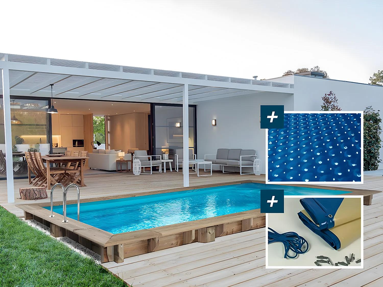 Rechthoekig houten zwembad "Tobago" met zandfilter en inbegrepen afdekzeilen - 6,20 x 3,00 x 1,31 m