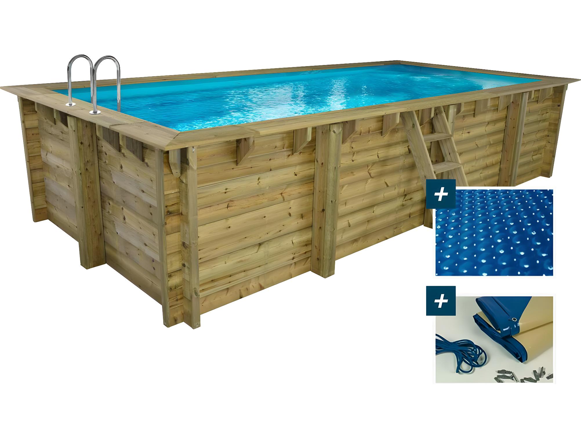 Piscina rectangular de madera Tobago - 6,20 x 3,00 x 1,31 m + cubierta de  burbujas de 180 µ - cubierta de invierno de 280 g/m²