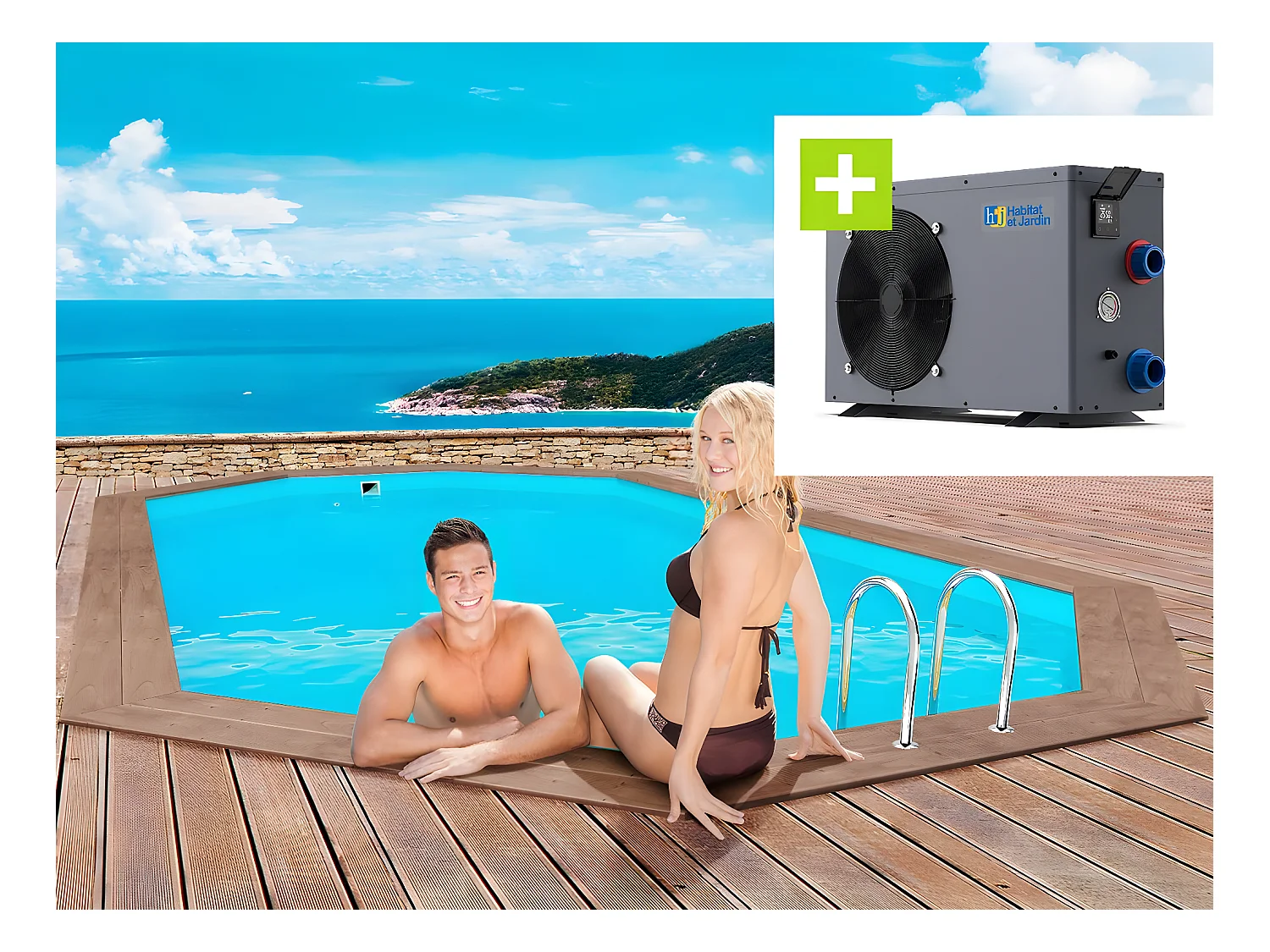 Piscine bois " Rio 120" - 5.60 x 3.70 x 1.24 m +  Pompe à chaleur - Puissance 6.1 kW
