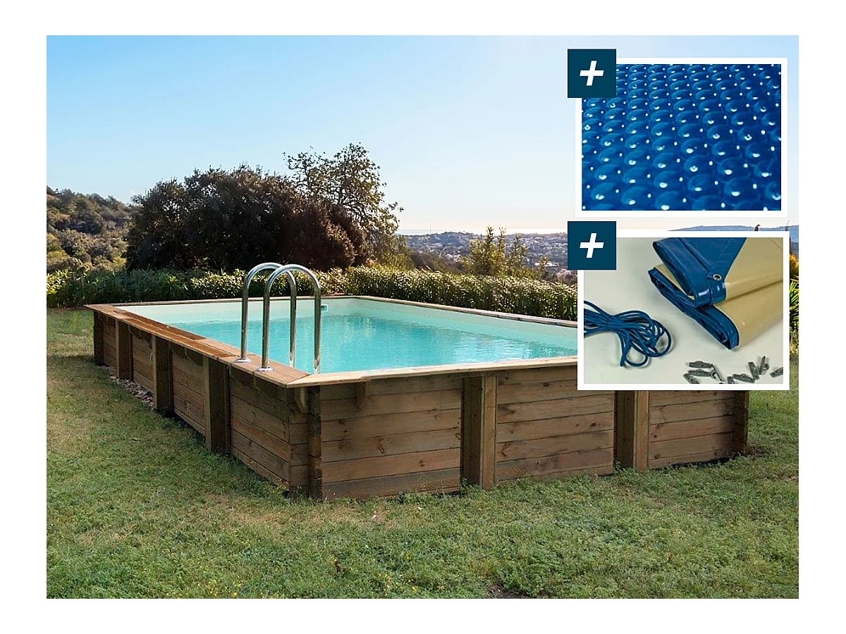 Piscine bois en kit rectangle "Oceano " - 9.20 x 5.20 x 1.44 m - Bâche à bulles  400 µ - Bâche hiver  280 g/m²