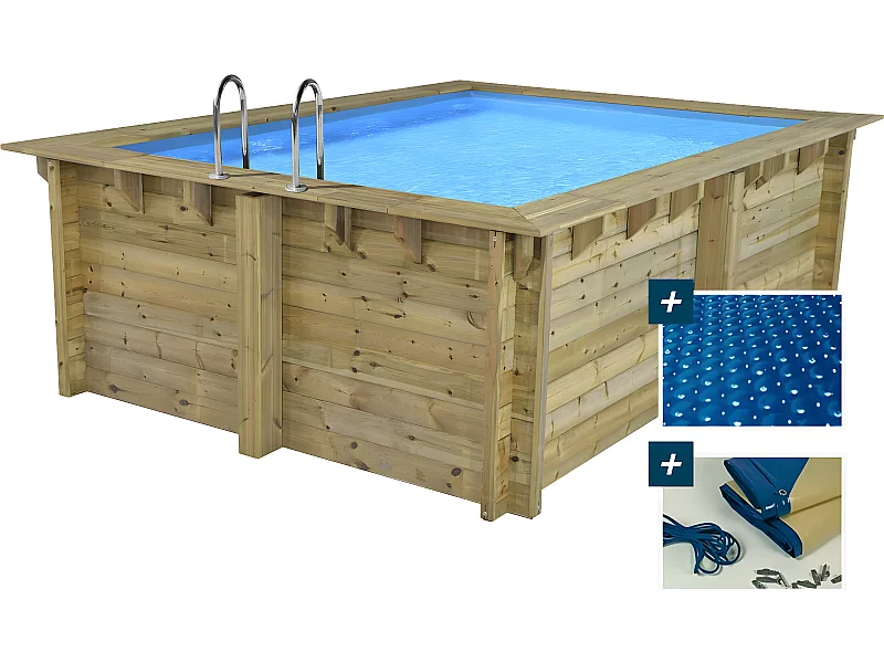 Piscine bois rectangle " Caimans 120  " - 4.10 x 3.00 x 1.24  m + Bâche à bulles 180 µ - Bâche hiver 280 g/m²