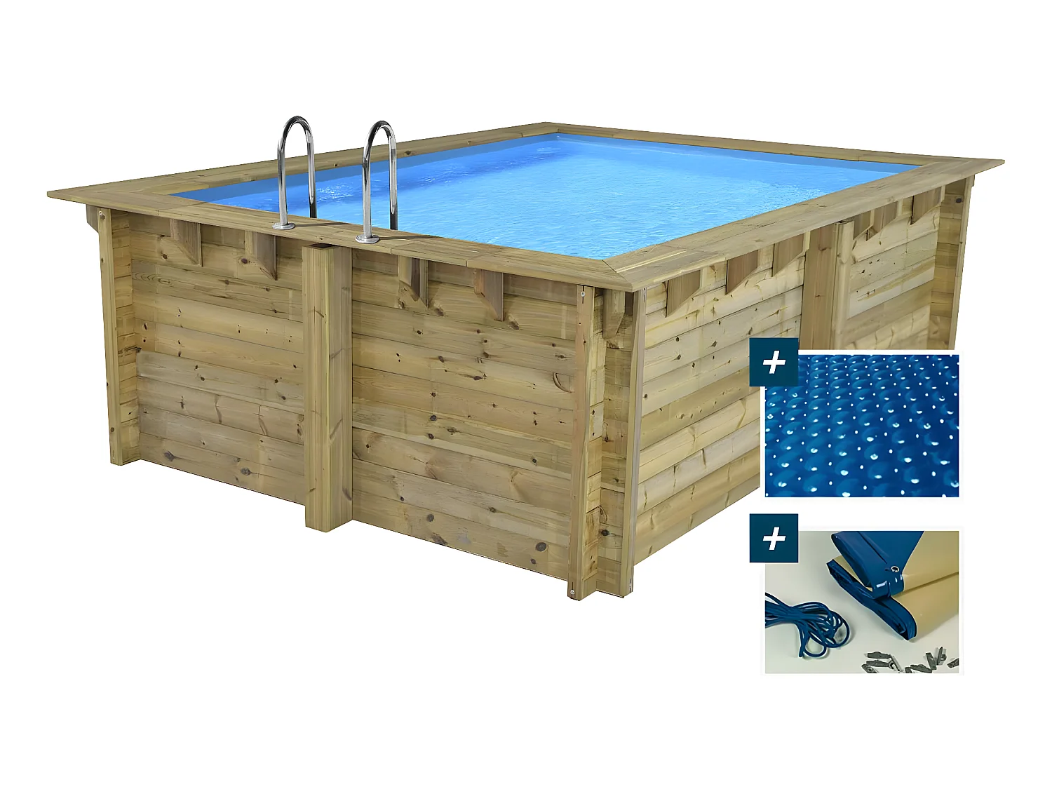 Piscina rettangolare in legno "Caimans" - 4,10 x 3,00 x 1,24 m + copertura a bolle 180 µ - copertura invernale 280 g/m