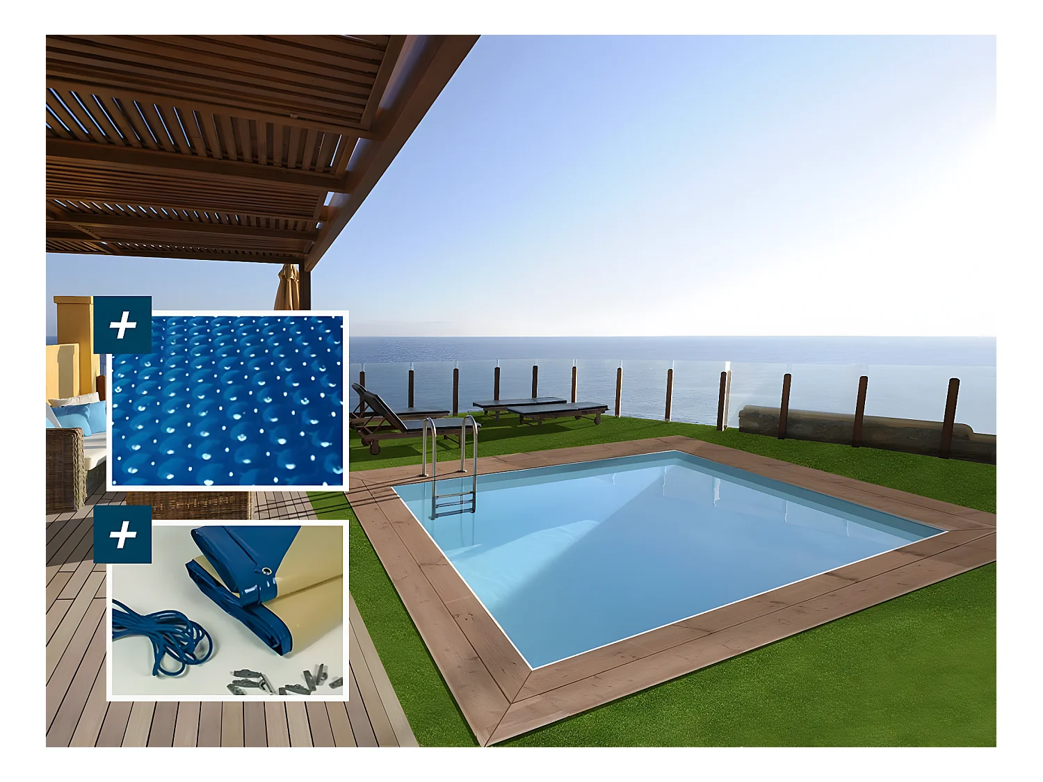Piscina rettangolare in legno "Caimans" - 4,10 x 3,00 x 1,24 m + copertura a bolle 180 µ - copertura invernale 280 g/m