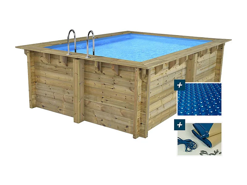 Houten zwembad rechthoekig "Caimans" - 410 x 300 x 124  m + noppenfolie zwembadfolie 180 µ - Afdekzeil winter zwembad winterzeil 280 g/m²