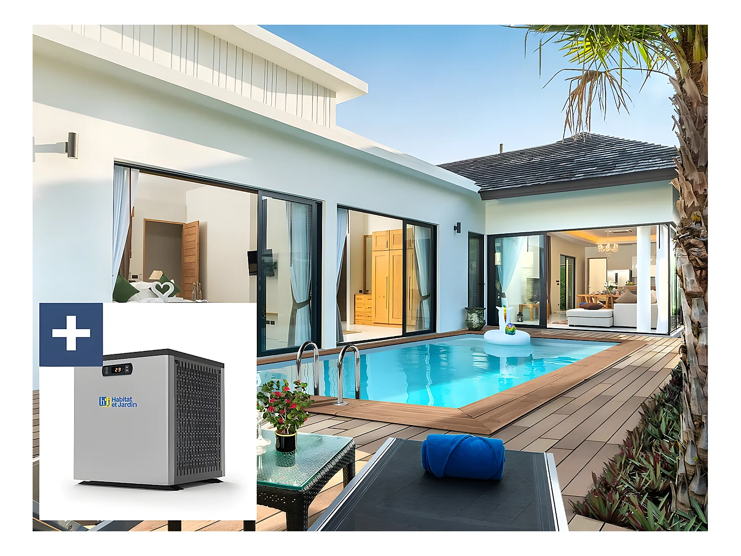 Piscina rectangular de madera "Aruba" - 5,00 x 3,00 x 1,24 m + Mini bomba de calor 3,5kW - Metal - Gris