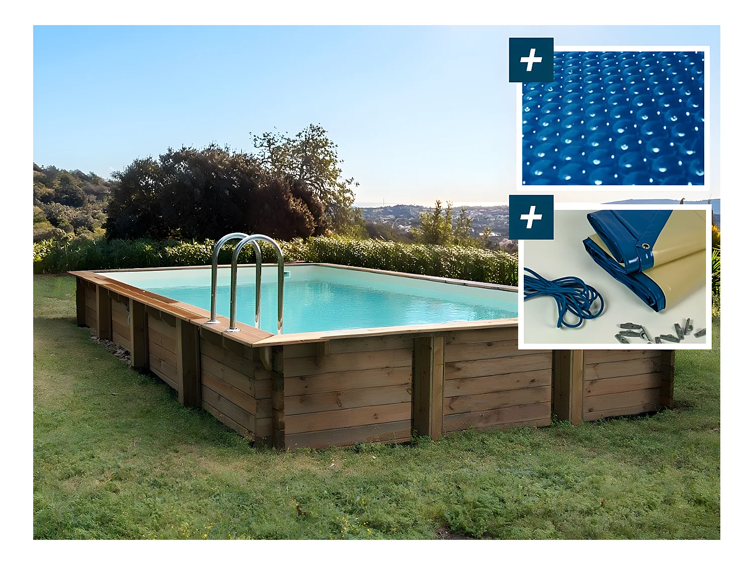 Piscine bois en kit rectangle " Tampa 145 " - 7.20 x 4.20 x 1.44 m -  Bâche à bulles  400 µ - Bâche hiver  280 g/m²