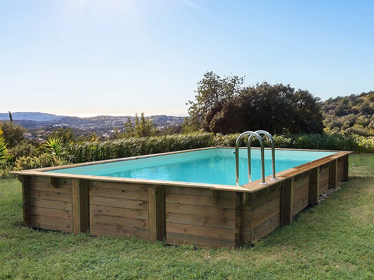 Piscina rectangular de madera "Tampa" - 7.20 x 4.20 x 1.44 m -  Cubierta de burbujas 400 µ - Cubierta de invierno 280 g/m²