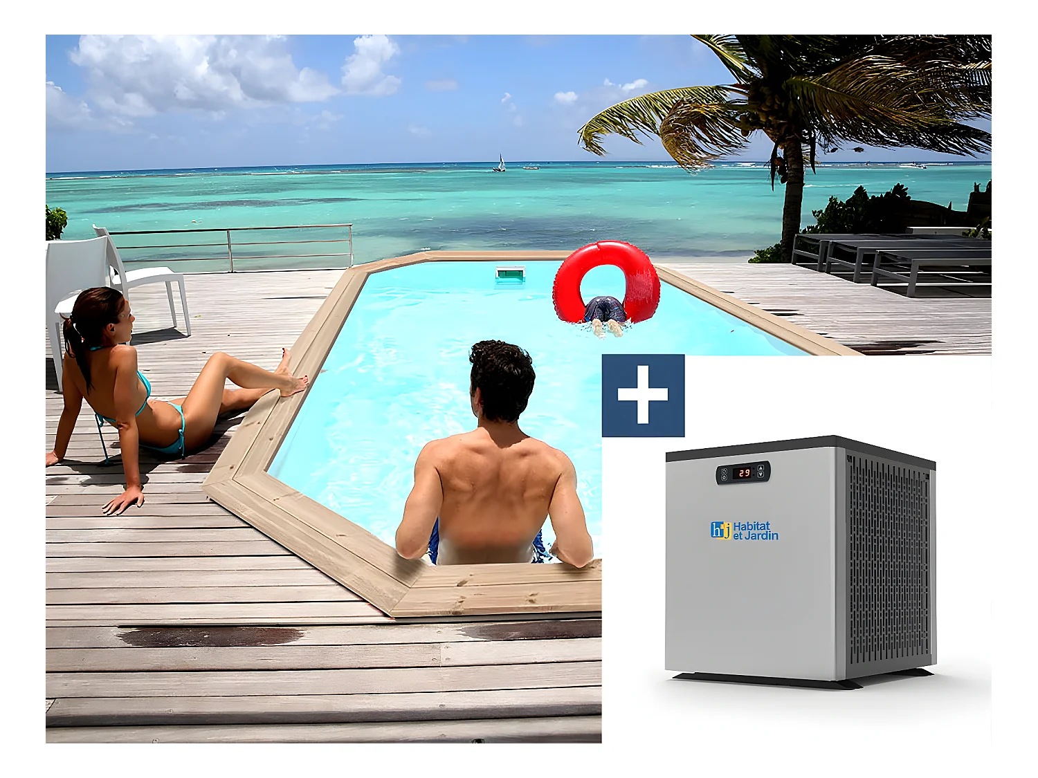 Piscine bois " Cordoue " - 3.48 x 2.15 x 1.18 m + Mini pompe à chaleur 3.5kW - Métal - Gris