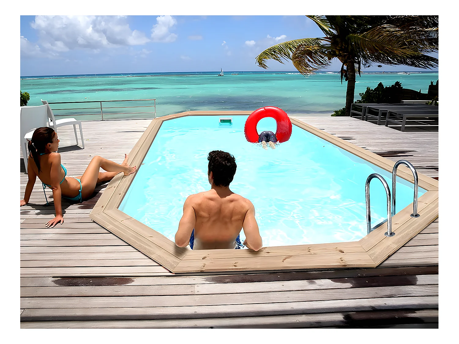 Piscine bois " Cordoue " - 3.48 x 2.15 x 1.18 m + Mini pompe à chaleur 3.5kW - Métal - Gris