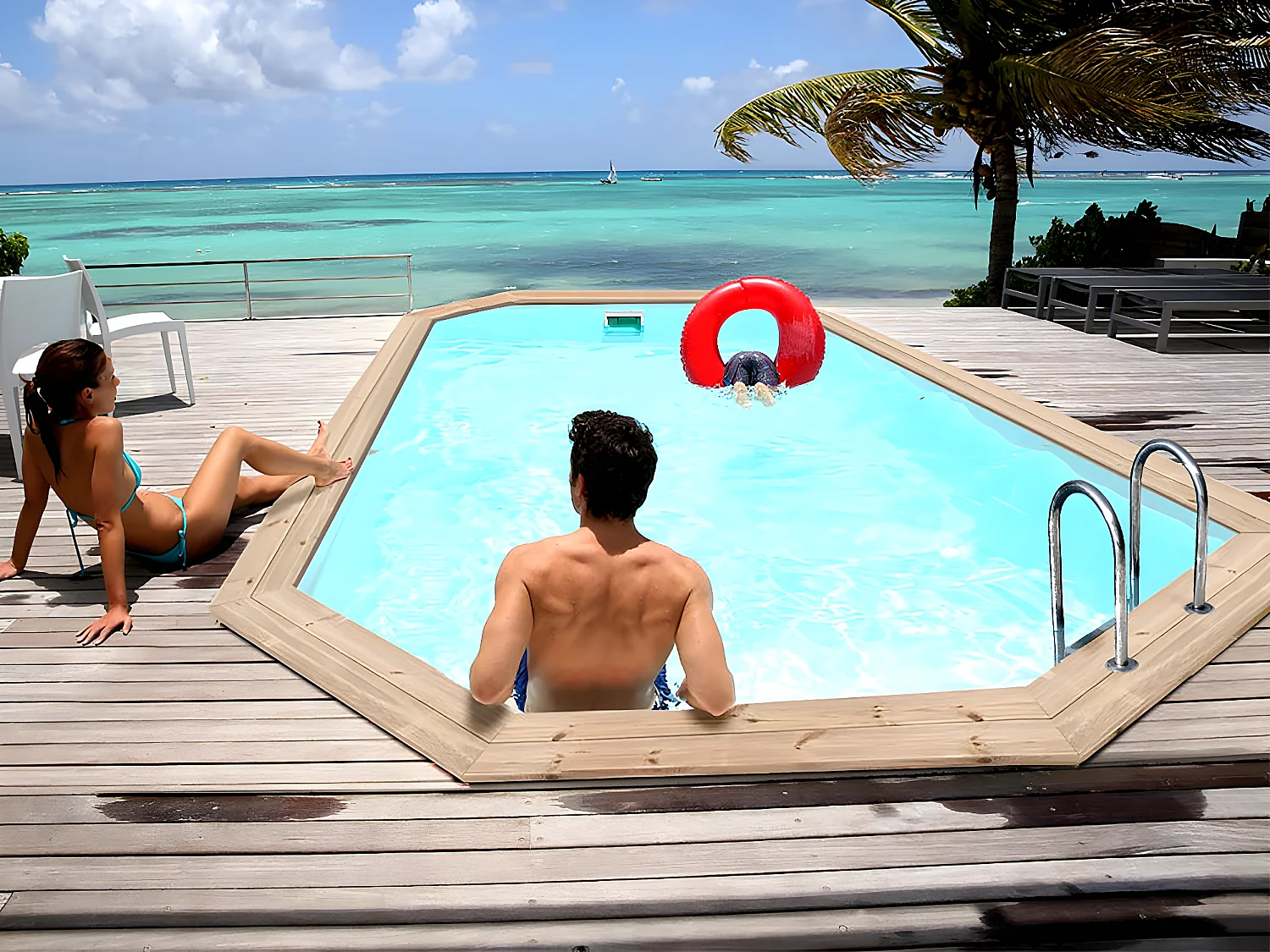 Piscine bois " Cordoue " - 3.48 x 2.15 x 1.18 m + Mini pompe à chaleur 3.5kW - Métal - Gris