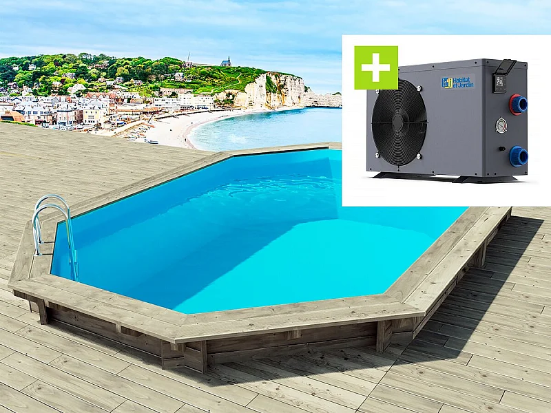 Piscine bois " Brazilia 130 "  5.86 x 3.86 x 1.32 m + Pompe à chaleur - Puissance 6.1 kW