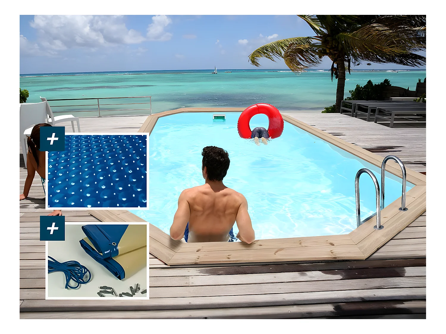 Piscina in legno "Cordoba" - 3,48 x 2,15 x 1,18 m + copertura a bolle 180 µ - copertura invernale 280 g/m