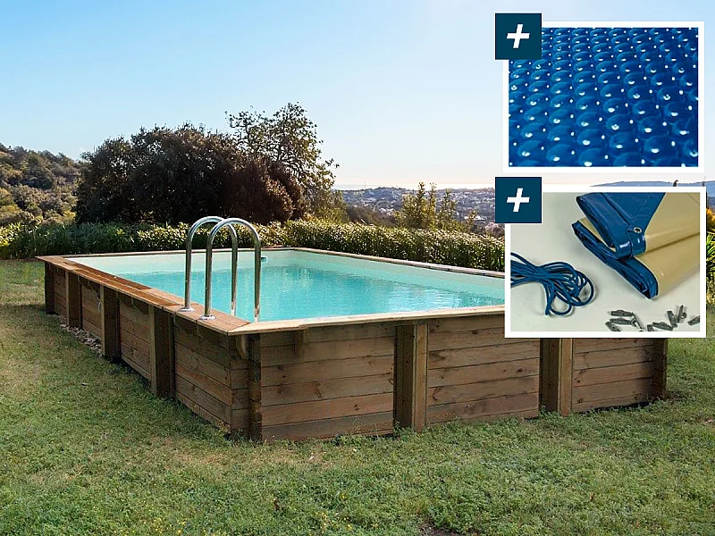 Piscine bois en kit rectangle "Kolanta " - 10.20 x 5.20 x 1.44 m + Bâche à bulles 400 µ - Bâche hiver 280 g/m²