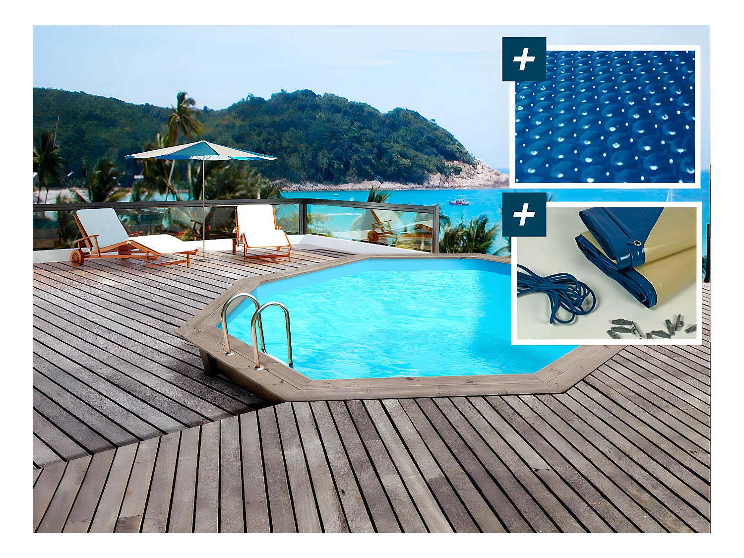 Piscine bois  Venecia " -  5.80 x 1.31 m - Bâche à bulles  400 µ - Bâche hiver  280 g/m²