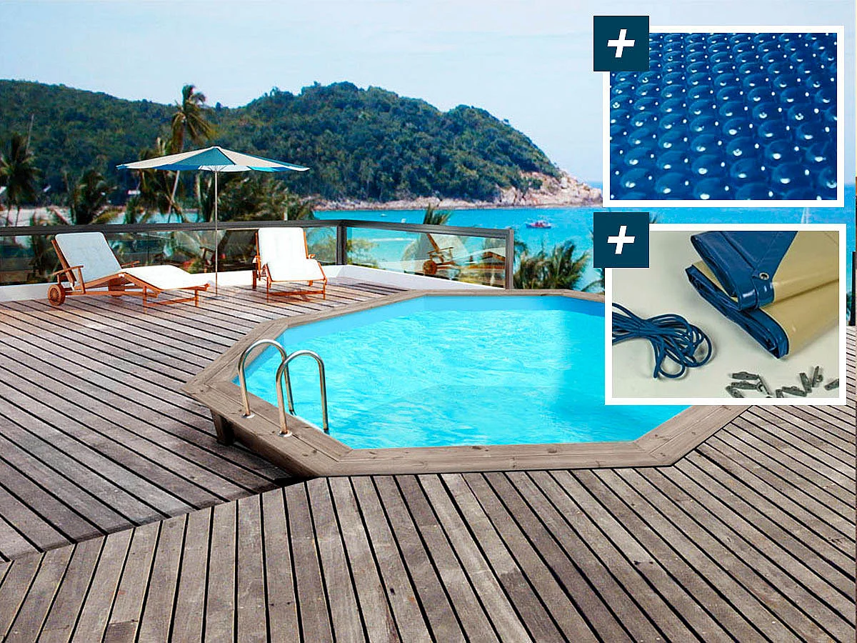 Piscine bois  Venecia " -  5.80 x 1.31 m - Bâche à bulles  400 µ - Bâche hiver  280 g/m²