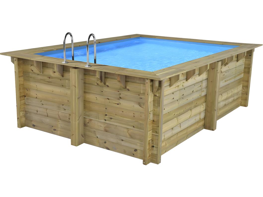 Rechthoekig houten zwembad "Caimans" 4,10 x 3,00 x 1,24 m met zandfilter en lichtblauwe liner