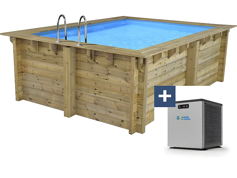 Piscine bois rectangle " Caimans 120 " - 4.10 x 3.00 x 1.24  m + Mini pompe à chaleur 3.5kW - Métal - Gris