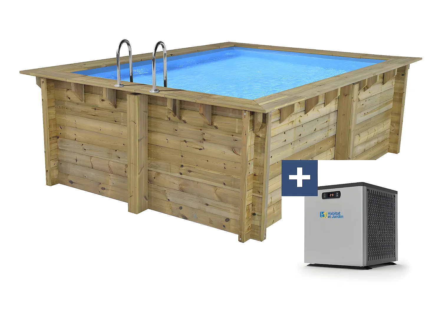 Piscine bois rectangle " Caimans 120 " - 4.10 x 3.00 x 1.24  m + Mini pompe à chaleur 3.5kW - Métal - Gris