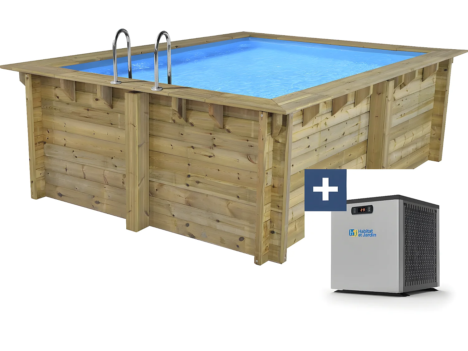Piscine bois rectangle " Caimans 120 " - 4.10 x 3.00 x 1.24  m + Mini pompe à chaleur 3.5kW - Métal - Gris