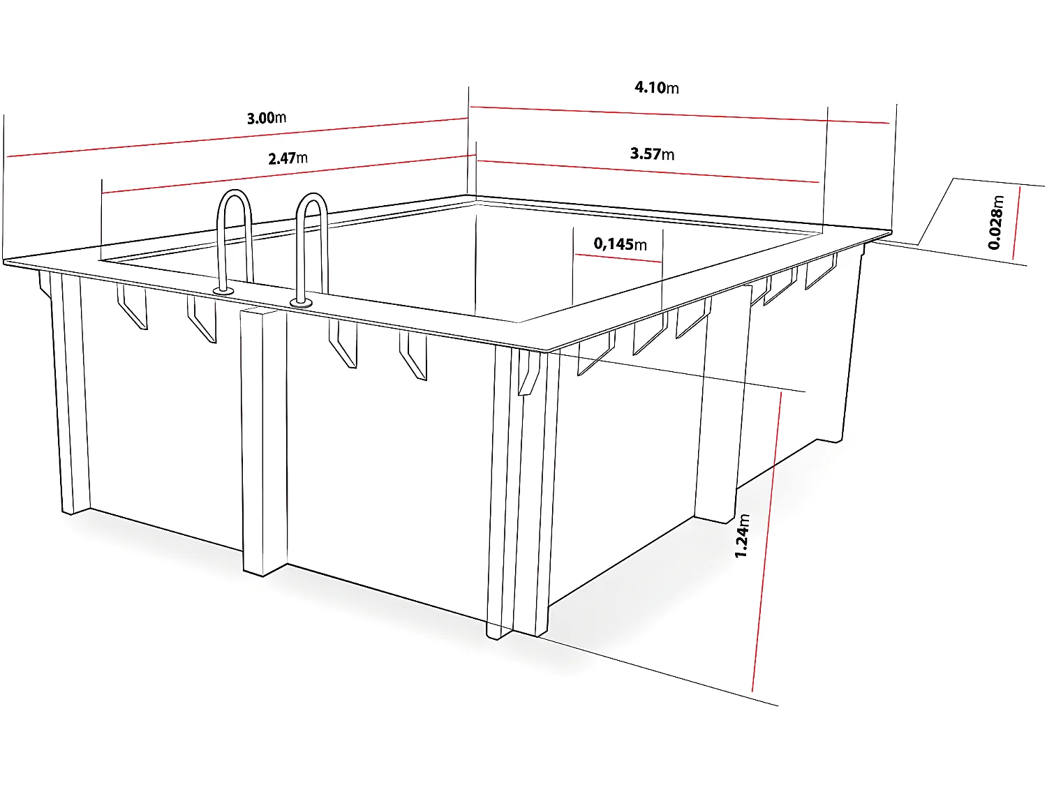 Piscine bois rectangle " Caimans 120 " - 4.10 x 3.00 x 1.24  m + Mini pompe à chaleur 3.5kW - Métal - Gris