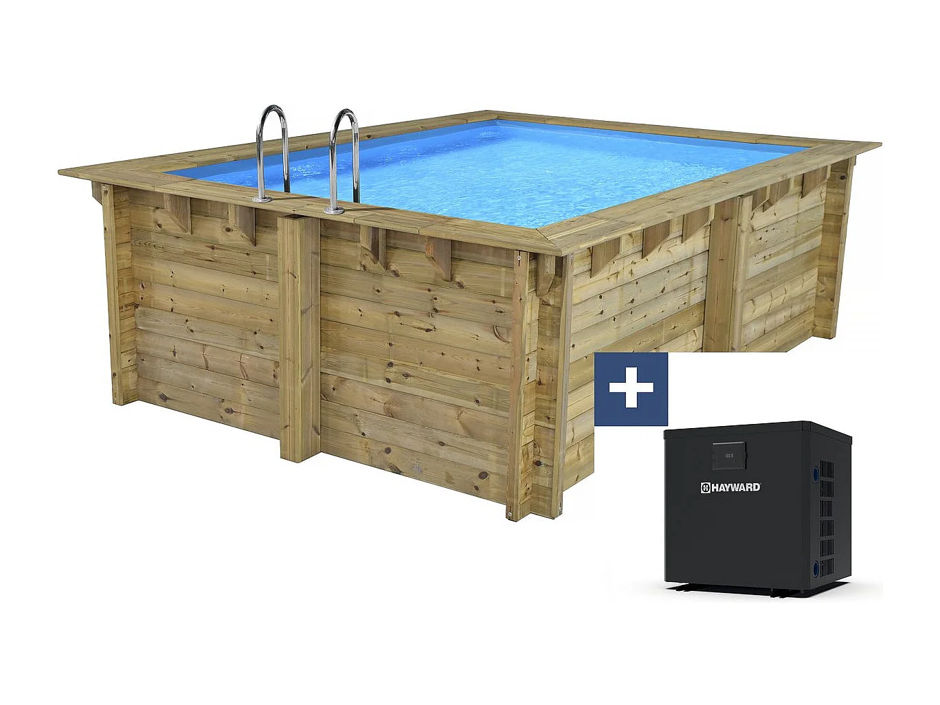 Piscina rectangular de madera "Caimans" - 4,10 x 3,00 x 1,24 m + Mini bomba de calor 3,5kW - Metal - Gris