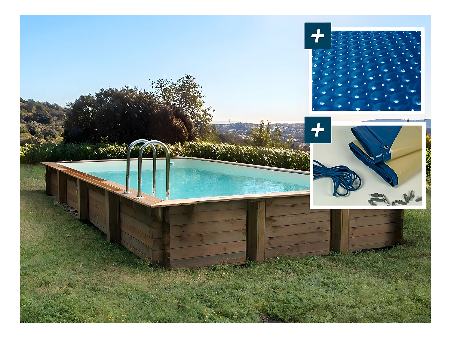 Piscine bois en kit rectangle "Sunrise " - 8.20 x 5.20 x 1.44 m + Bâche à bulles 400 µ - Bâche hiver 280 g/m²