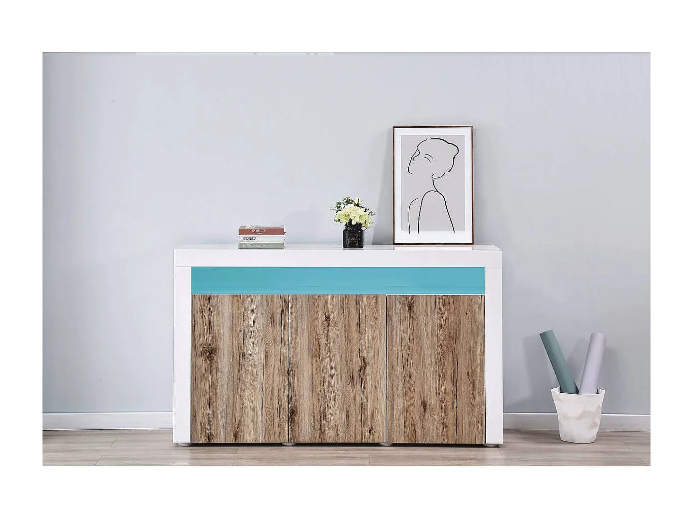 Credenza Buffet a LED "Bogota" - 155 x 40 x 92 cm -Rovere / bianco laccato