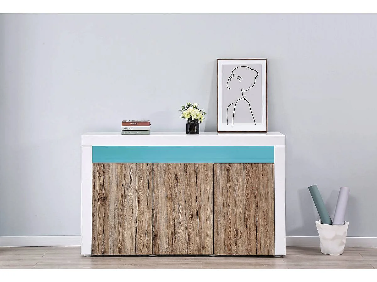 Buffet LED "Bogota" - 155 x 40 x 92 cm - Chêne / Blanc laqué