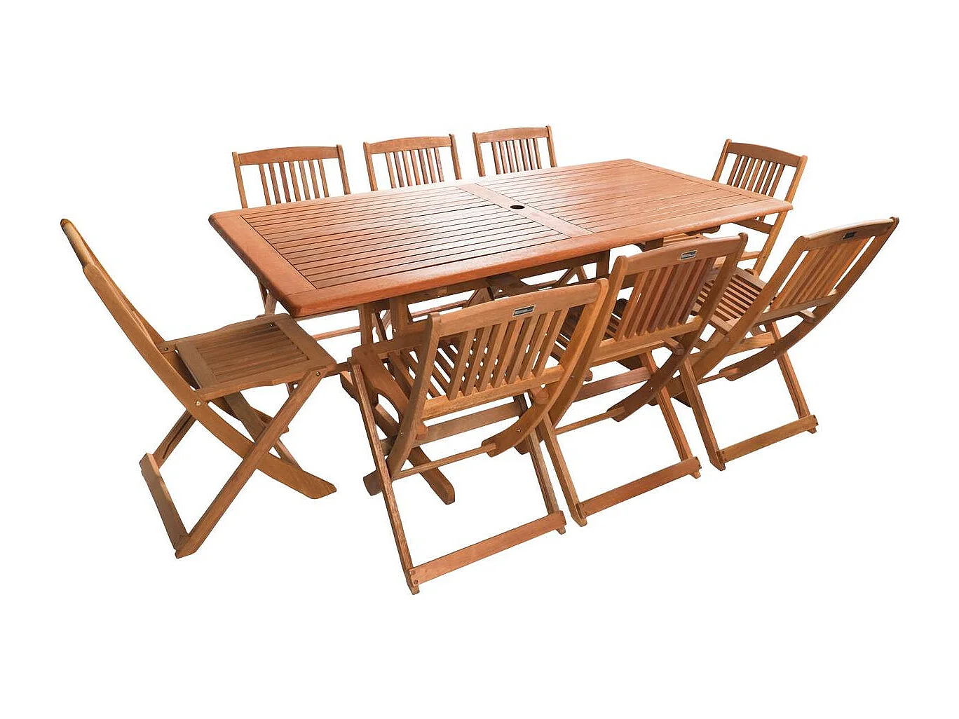 Table et chaises de jardin en bois exotique "Hongkong" - Table fixe + 8 chaises pliantes