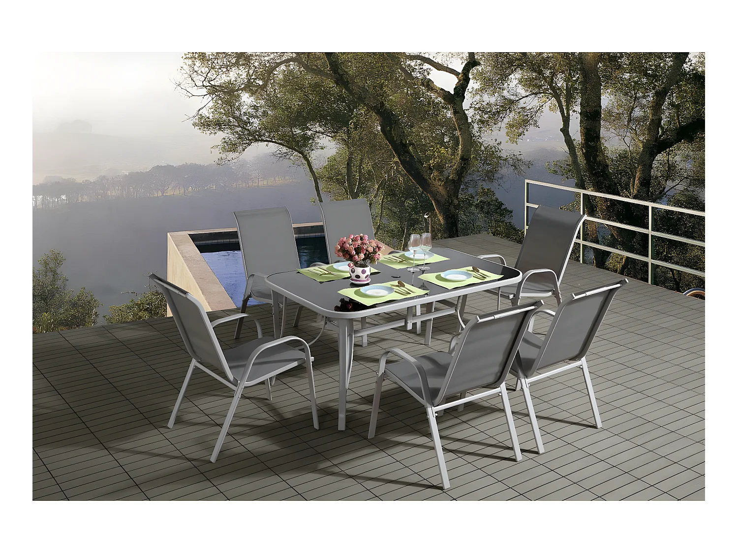 Salon de jardin textilène "cordoba + Porto" 6 personnes gris clair