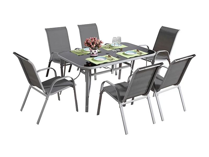 Salon de jardin textilène "cordoba + Porto" 6 personnes gris clair