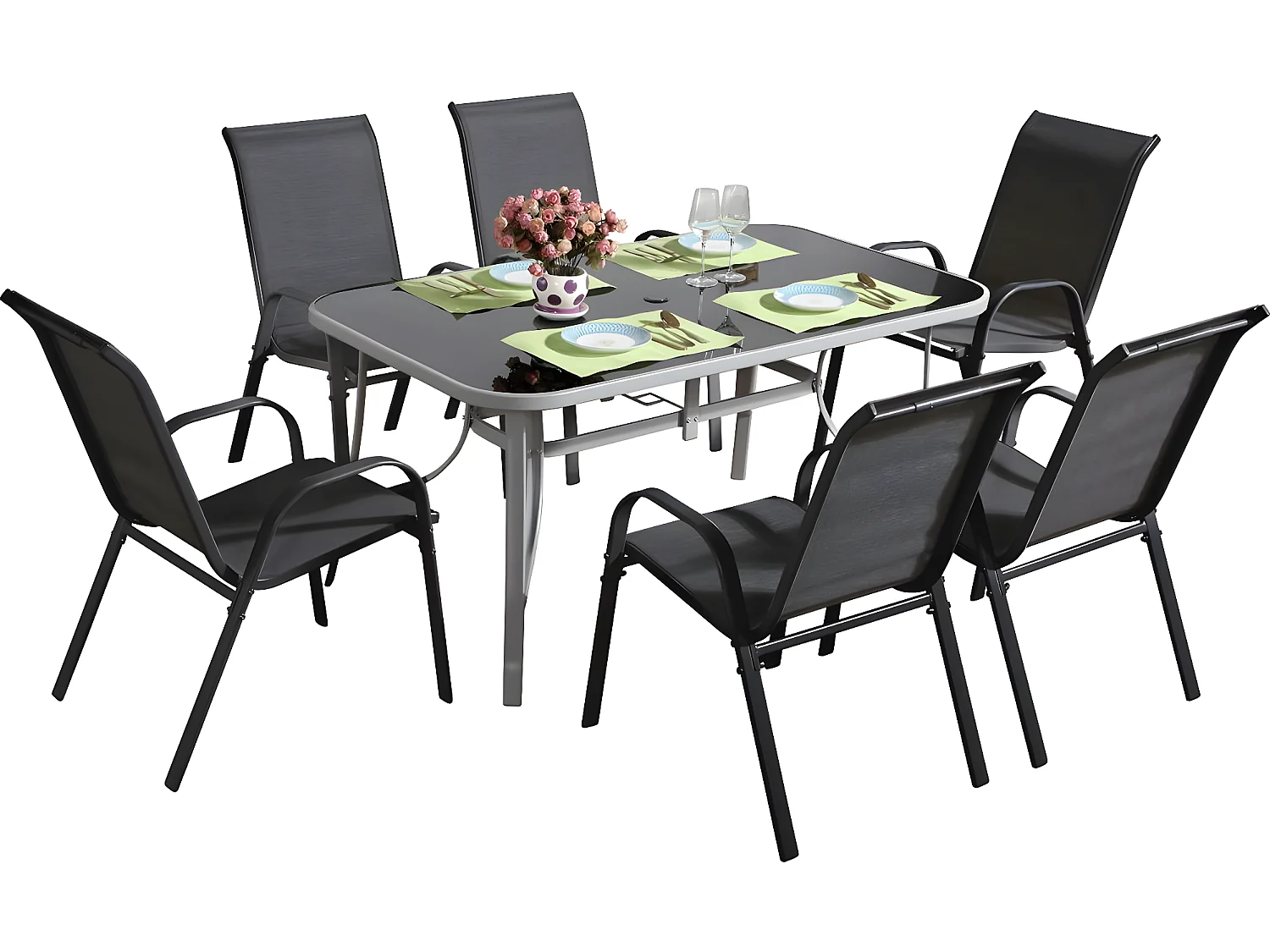 Salon de jardin textilène "cordoba + Porto" 6 personnes gris foncé