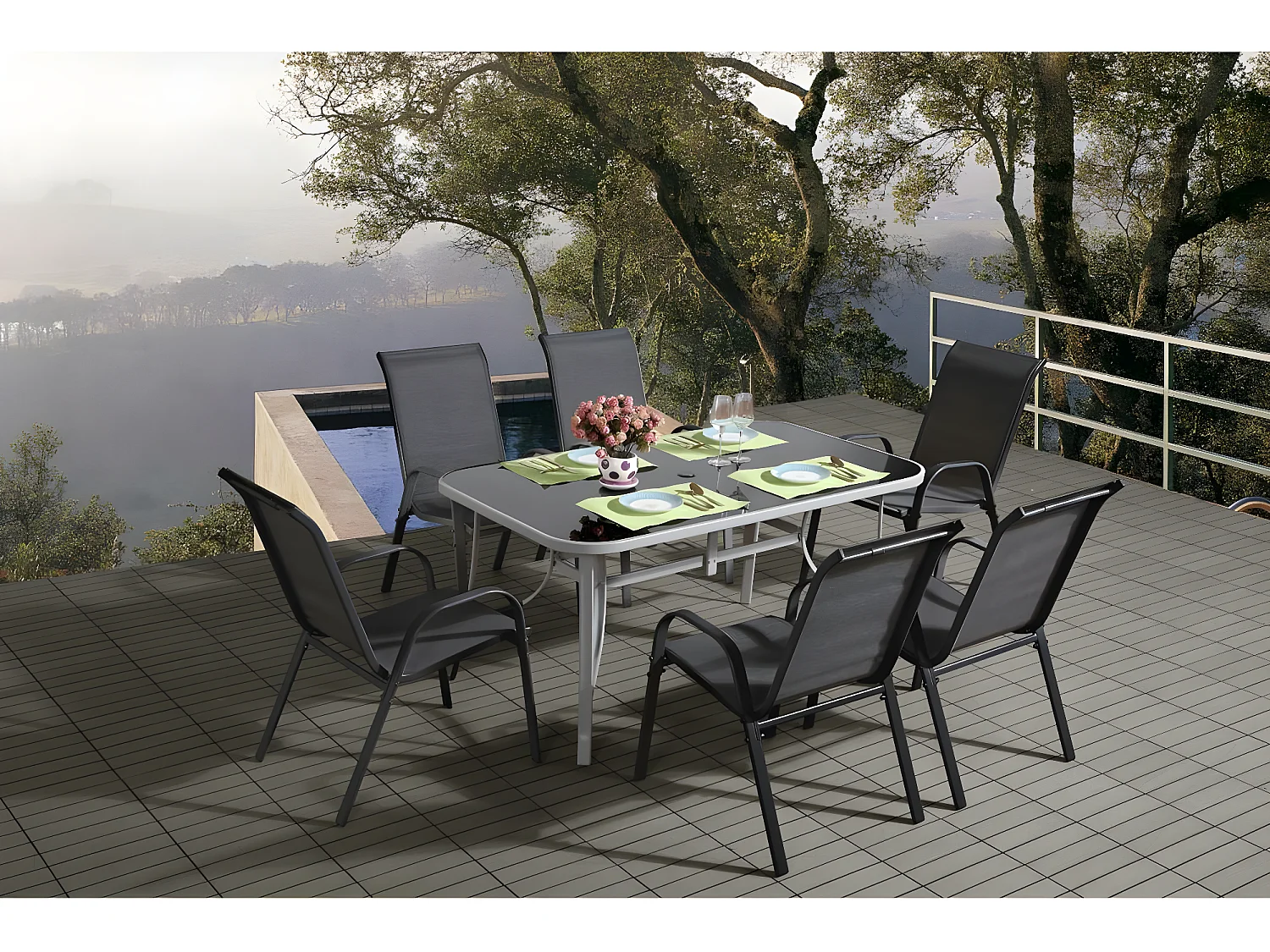 Salon de jardin textilène "cordoba + Porto" 6 personnes gris foncé