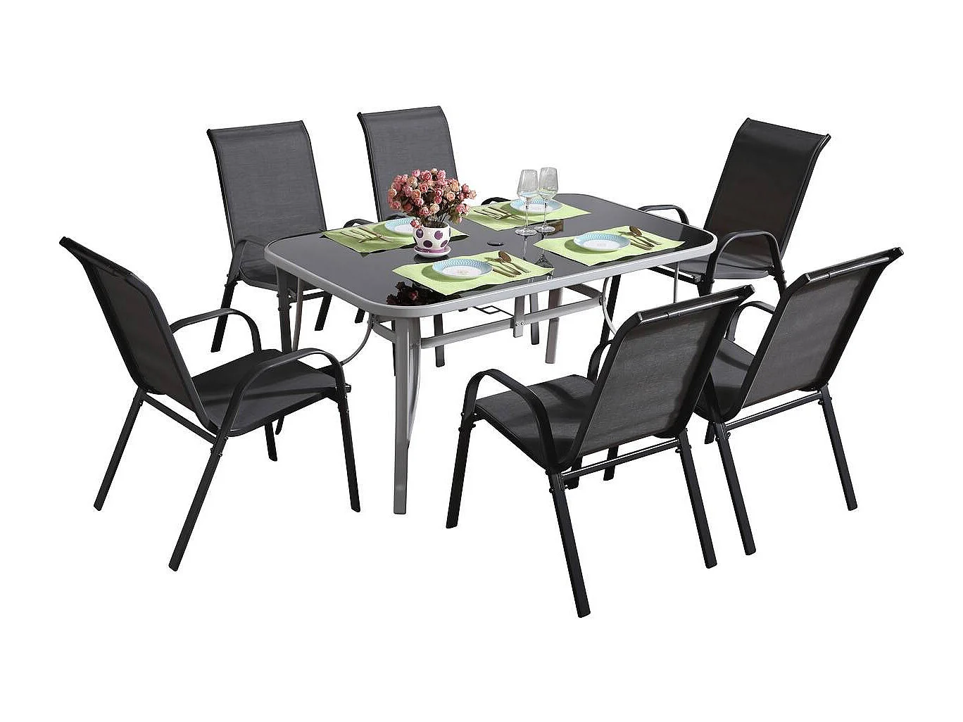 Salon de jardin textilène "cordoba + Porto" 6 personnes gris foncé