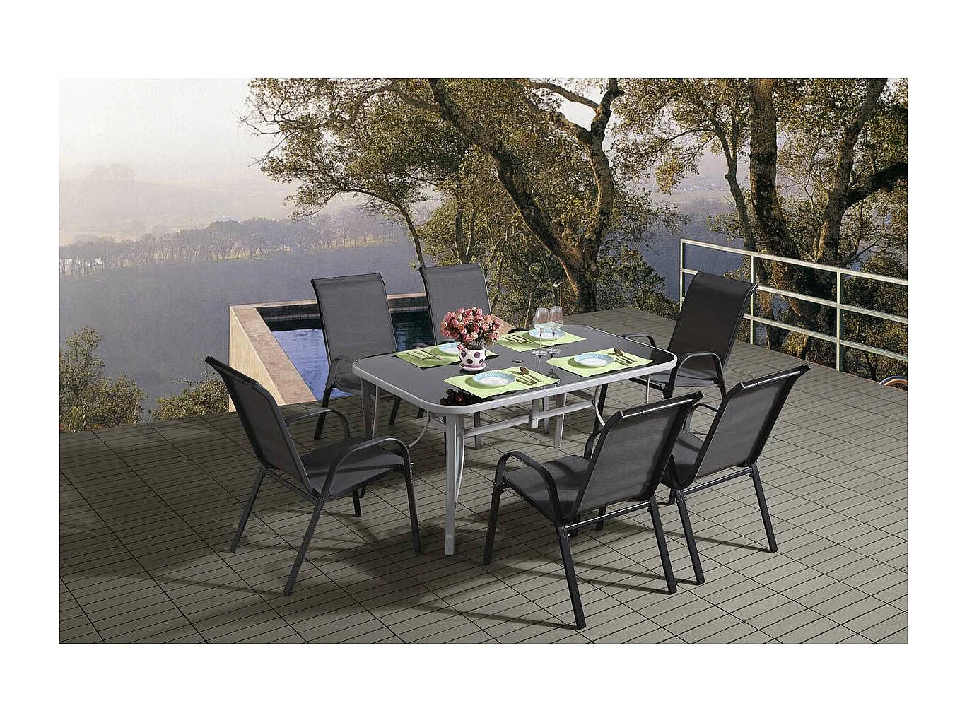 Salon de jardin textilène "cordoba + Porto" 6 personnes gris foncé