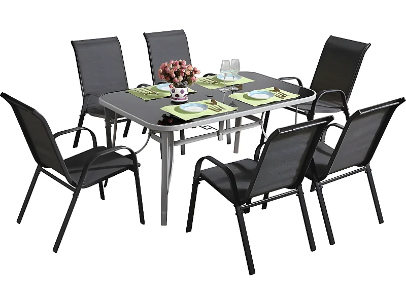 Salon de jardin textilène "cordoba + Porto" 6 personnes gris foncé