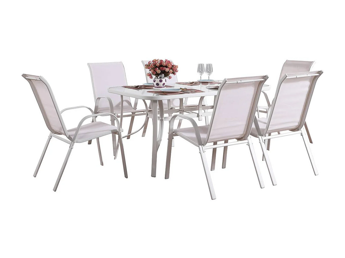 Table et chaises de jardin en textilène "Cordoba" - Phoenix - 6 places - Ecru