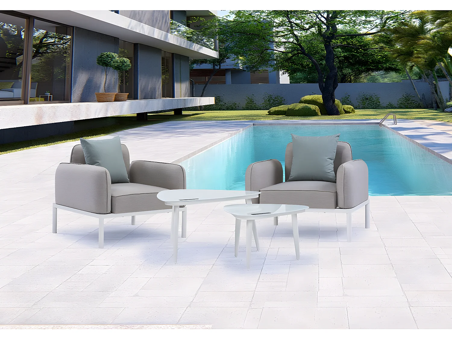 Gartenlounge aus Stoff "Sevilla" - 2 Sessel + 2 Couchtische - Grau