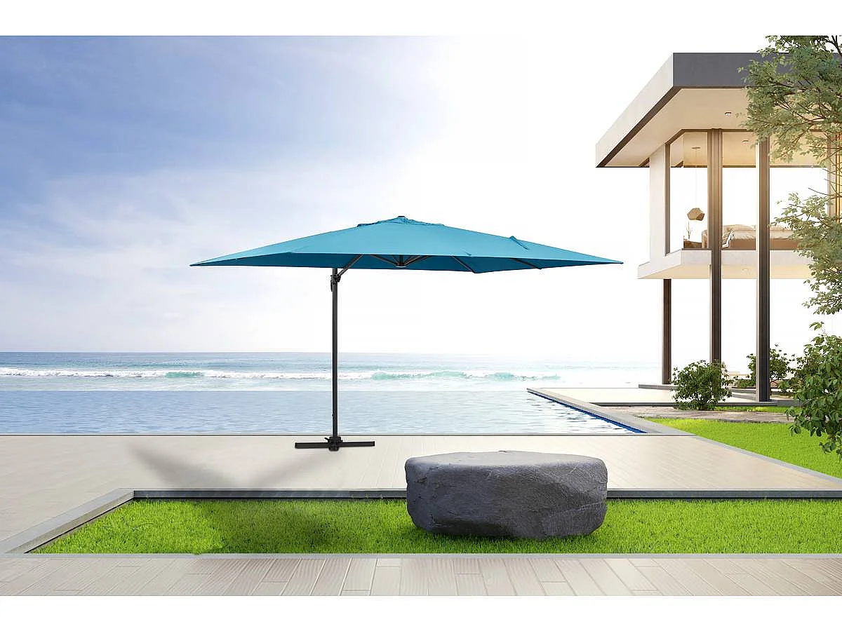 Parasol jardin déporté Alu "Sun 4" - Rectangle - 3 x 4 m - Bleu + Housse de protection