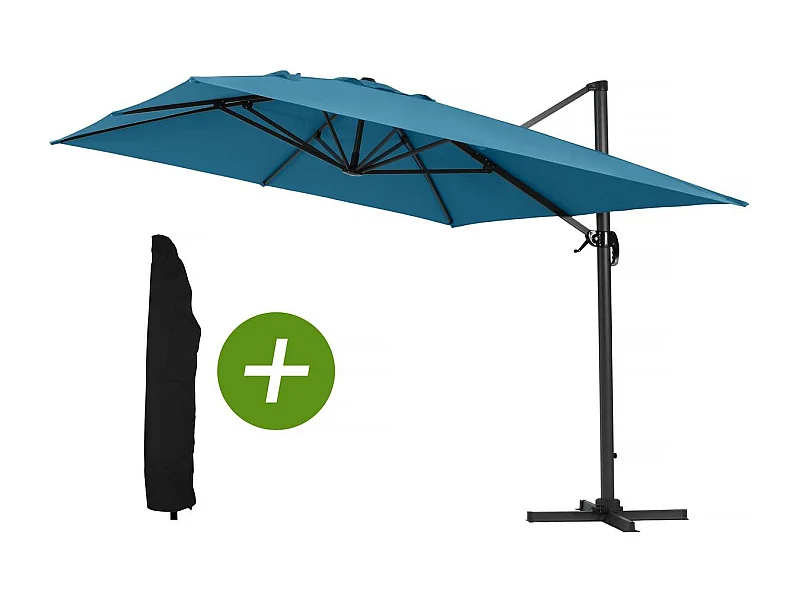 Parasol jardin déporté Alu "Sun 4" - Rectangle - 3 x 4 m - Bleu + Housse de protection