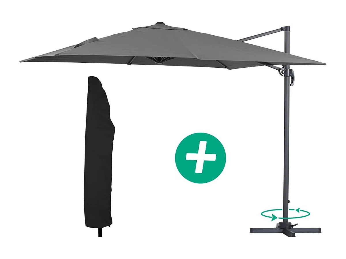 Parasol jardin déporté Alu "Sun 3" - Carré - 3 x 3 m - Gris + housse de protection
