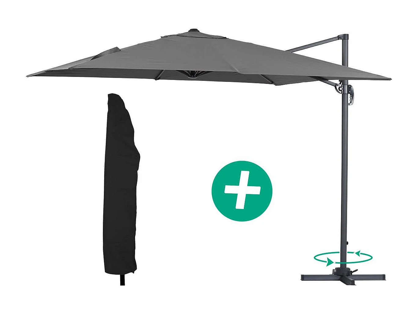 Parasol jardin déporté Alu "Sun 3" - Carré - 3 x 3 m - Gris + housse de protection